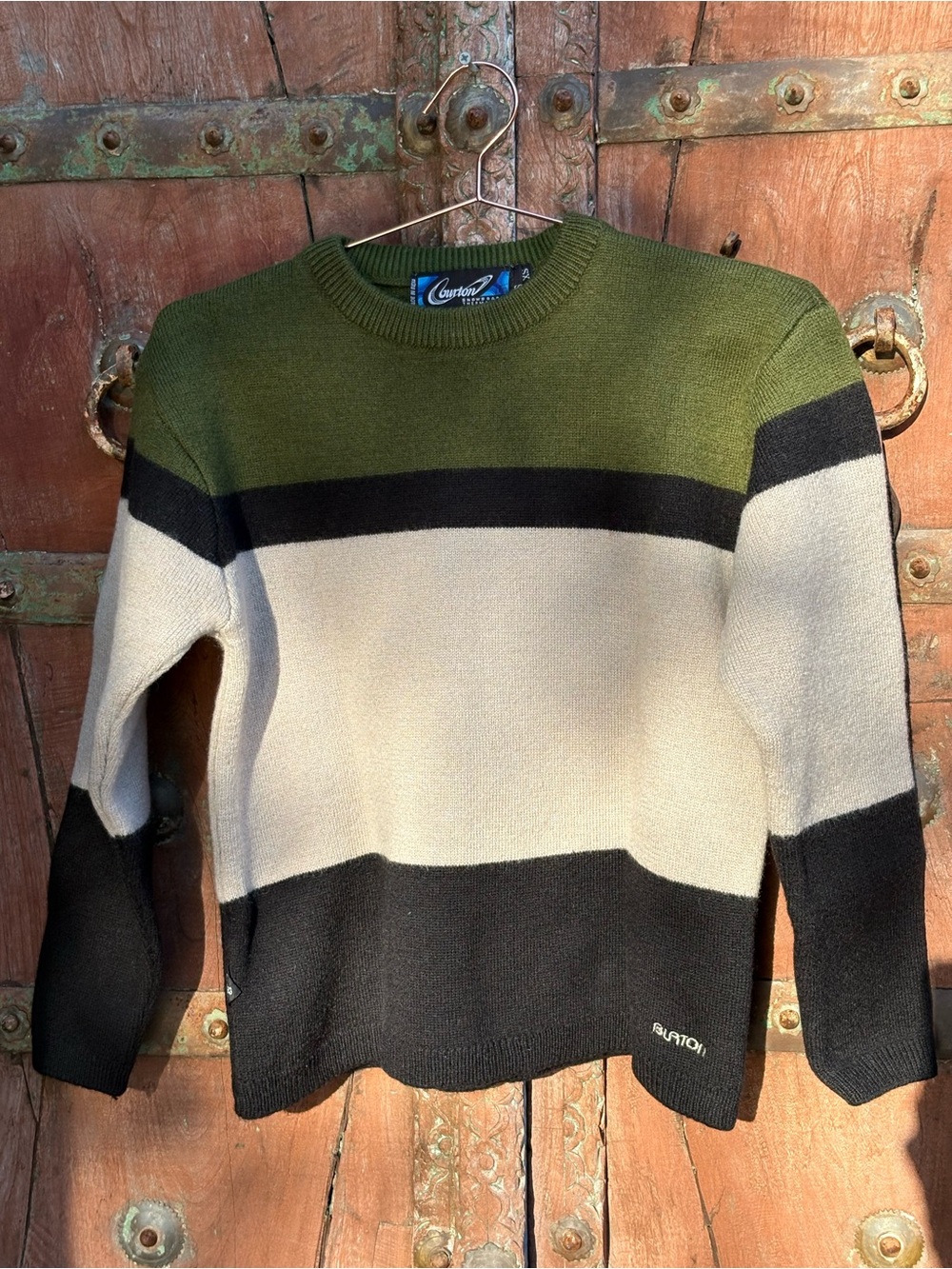 Burton Men's Olive, Cream & Black Striped Crew Sweater